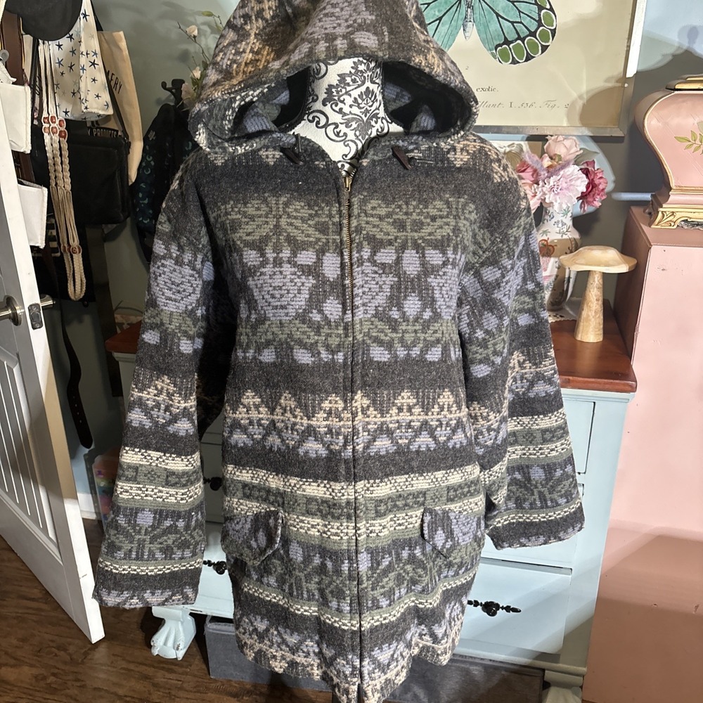 Woolrich Womens Sz L Aztec Southwestern Hooded Coat Jacket Full Zip Wool Blend